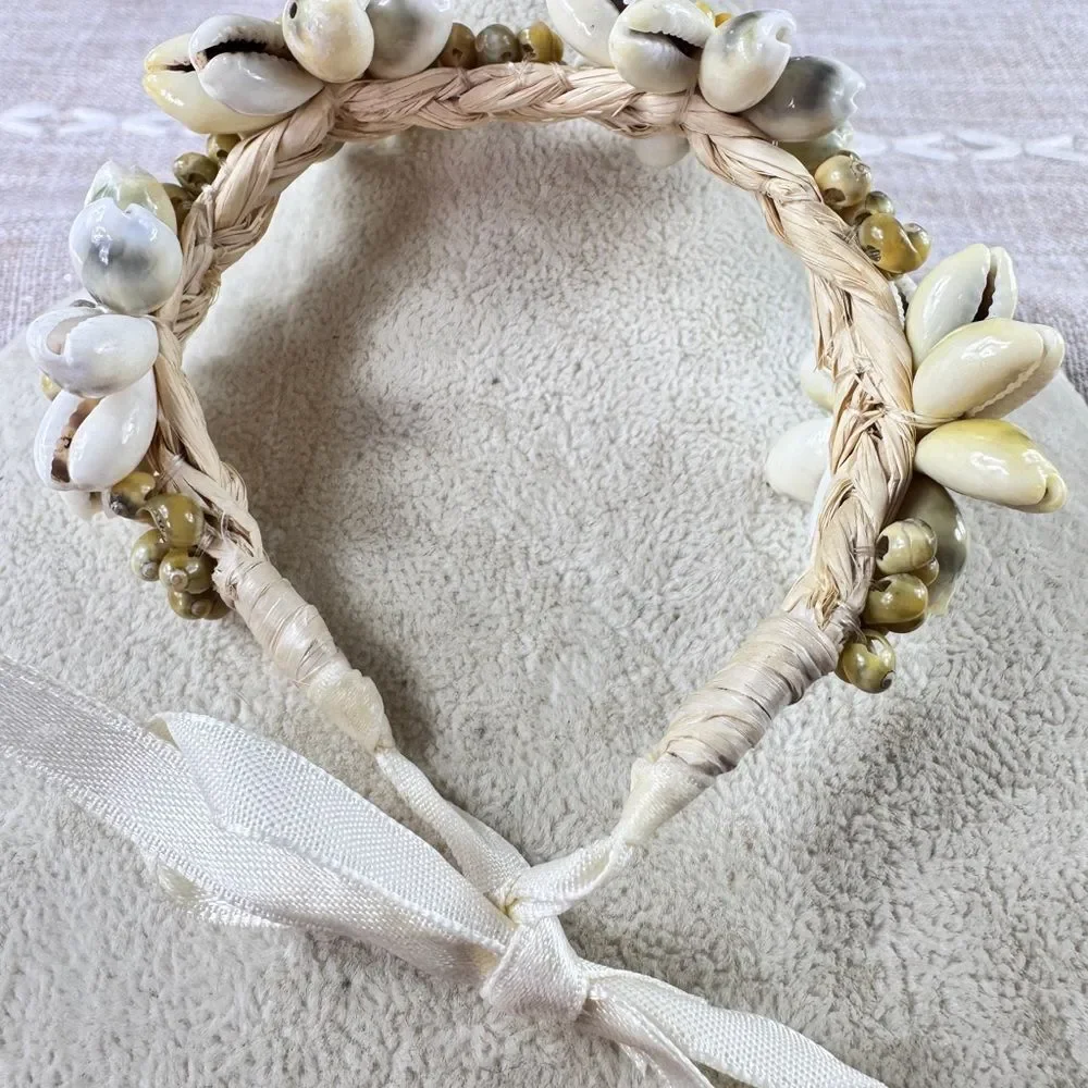 Vintage Raffia Shell Bracelet in Cream and Yellow